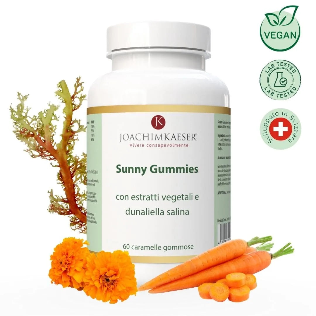 Sunny Gummies – Astaxantina, Dunaliella e carotenoidi per pelle e abbronzatura